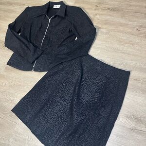 Vintage Leopard Print Skirt Suit Set Black Cropped Jacket 90s Size 6